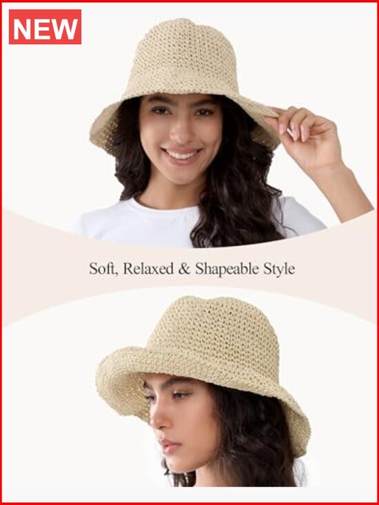 Crochet Straw Sun Hat with Wide Brim Foldable Floppy Beach Hat for Summer